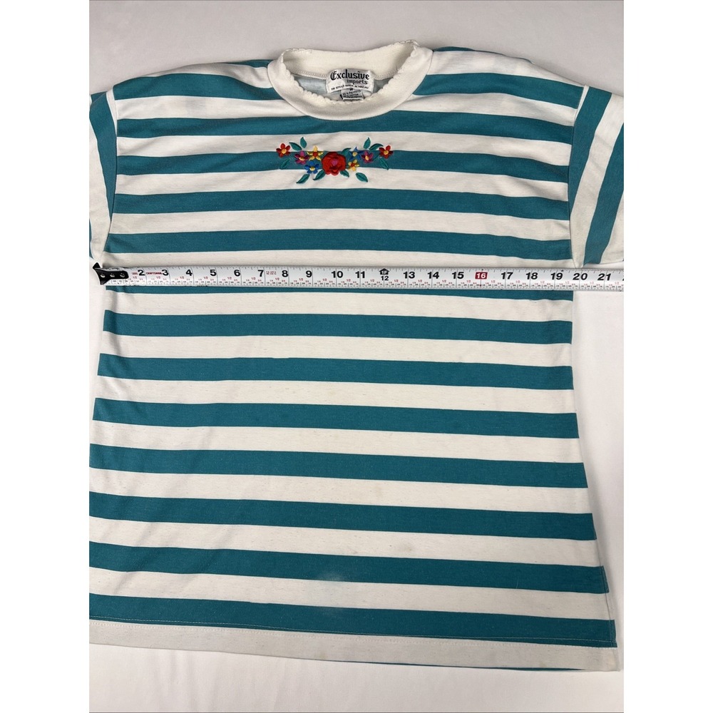 Vintage Exclusive Imports Teal White Striped Floral Embroidered T-Shirt Womens M - Picture 5 of 6